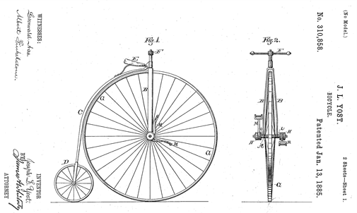 Figure 2 - The figures for a patent relating to a penny farthing in 1885